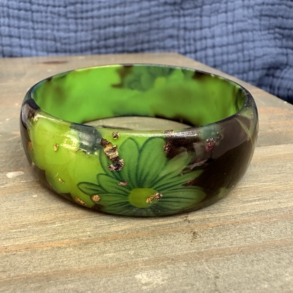 Vintage Lucite Wide Bangle Bracelet Green Black Flowers Gold Specs Chunky Boho